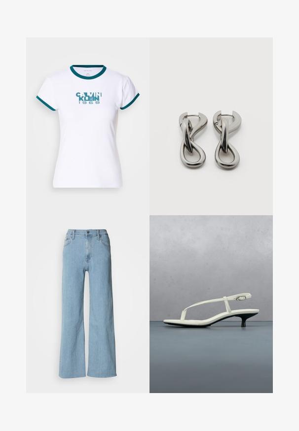 Witte t-shirt met korte mouwen en teal kleurige ribboord aan de kraag en mouwen. Voorzien van het logo "CALVIN KLEIN 1968" in teal op de voorkant. Gemaakt van katoen.; Lichtblauwe wijde jeans van denim, met een aansluitende taille, vijf-pocket ontwerp en subtiele stiksels.; Witte sandaal met smalle bandjes en kitten heel, met een spitse neus, zwevend boven een houten tegelvloer buiten, met op de achtergrond een wazige plant en muur.; Set zilverkleurige metalen oorbellen met een abstract ontwerp van in elkaar grijpende lussen op een witte achtergrond.