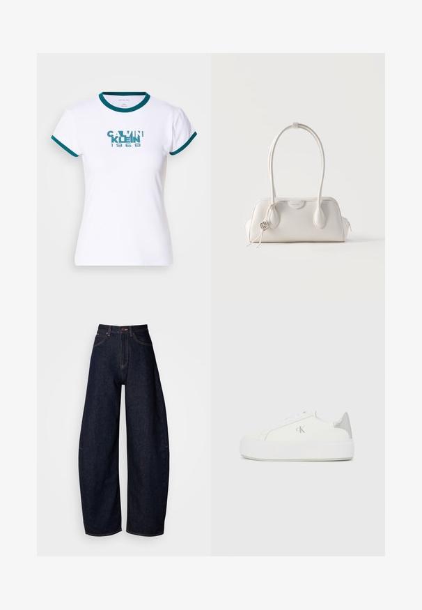 Camiseta blanca de manga corta con cuello y puños acanalados en teal. Presenta el logotipo "CALVIN KLEIN 1968" en teal en el frente. Material de algodón.; Jeans de denim de color azul oscuro, de pierna ancha, con una cintura alta, corte recto, diseño de cinco bolsillos y costuras en contraste.; Zapatillas de lona blancas con una suela blanca gruesa, presentan un acento metálico plateado en el talón y un sutil detalle del logo en el lateral.; Bolso pequeño de cuero blanco con dos asas largas, charm de logo plateado y cierre de cremallera en cada lado, sobre un fondo blanco liso.