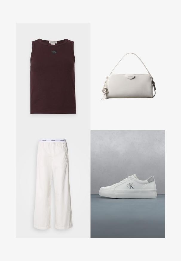 Haut sans manches bordeaux en tissu côtelé, avec un patch logo noir, un col rond et une coupe ajustée. Texture lisse et finition soignée.; Pantalons larges blancs avec une taille élastique arborant un logo Calvin Klein en contraste. Fabriqués à partir d'un tissu lisse, ils offrent une coupe décontractée.; Baskets en cuir blanc avec une semelle plate, présentant un subtil accent gris au talon et un logo 'CK' bien en vue sur le côté.; Sac à main rectangulaire blanc Calvin Klein avec une seule poignée, design minimaliste et pampilles décoratives avec un charm métallique géométrique sur le côté.