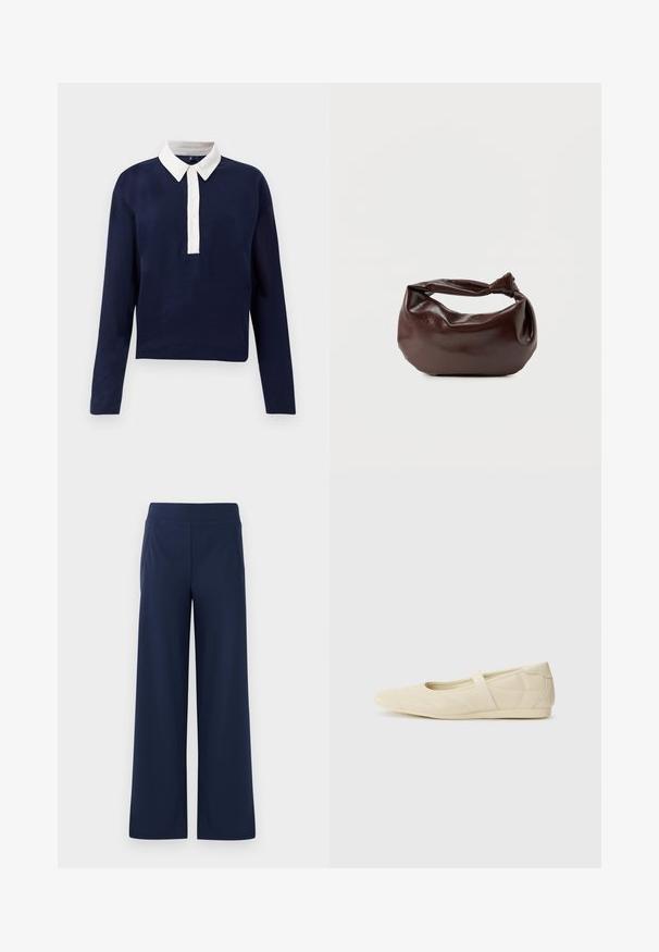 Pull-over marine à manches longues, avec un col blanc et une patte de boutonnage. Fabriqué en tissu doux, conçu pour un ajustement décontracté.; Pantalons larges bleu marine avec une taille élastique, texture douce et deux poches latérales, conçus pour le confort et la liberté de mouvement.; Ballerines beiges avec une exterior en cuir lisse, un bout en forme d'amande et une sangle élastique sur le coup de pied, avec des détails de couture subtils.; Sac bandoulière en cuir marron foncé avec une forme souple et décontractée et une anse nouée torsadée sur un fond blanc uni.