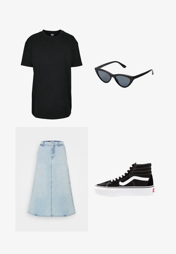 Zwart T-shirt met korte mouwen en ronde hals in maat XS met "Urban Classics" label aan de binnenkant van de kraag.; Een lichtblauwe denim midi-rok, met een uitlopende vorm, een tailleband met riemlussen en zichtbare stiksels langs de naden.; Zwarte high-top sneakers met witte veters, een wit logo en contrasterende witte stiksels. Heeft een dikke witte zool en een bovenwerk van gestructureerd suede.; Zwarte cat-eye zonnebril met donkergrijze lenzen, slank plastic frame, puntige hoeken en rechte pootjes. Geen zichtbare hardware of accenten.