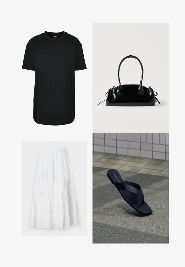 T-shirt noir à manches courtes avec col rond en taille XS, avec étiquette "Urban Classics" à l'intérieur du col.; Jupe longue blanche à volants avec texture froncée et taille élastique, conçue pour une coupe fluide et décontractée.; Sandale noire à lanière avec bout carré et nom de la marque sur la semelle, positionnée debout sur un pavement texturé près d’un mur carrelé.; Petit sac à main noir brillant avec deux longues anses et des détails à cordon sur les côtés sur un fond clair uni.