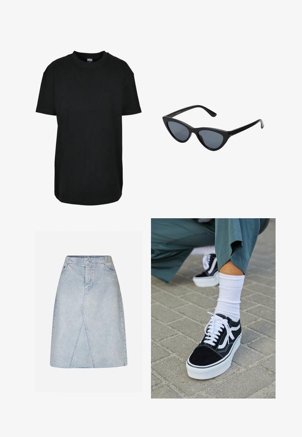 Schwarzes T-Shirt mit kurzen Ärmeln und Rundhalsausschnitt in Größe XS mit dem Etikett "Urban Classics" innen am Kragen.; Helle blaue Jeansrock mit tailliertem Bund, A-Linien-Form und diagonalen Panelelementen. Verfügt über einen Frontverschluss mit Knopf und Reißverschluss.; Schwarze Wildledersneaker mit weißen Akzenten und Schnürsenkeln, ausgestattet mit einer dicken weißen Sohle und kontrastierenden Nähten, kombiniert mit einer weißen Socke.; Schwarze Cat-Eye-Sonnenbrille mit dunkelgrauen Gläsern, schlankem Kunststoffrahmen, spitzen Ecken und geraden Bügeln. Keine sichtbaren Befestigungen oder Akzente.