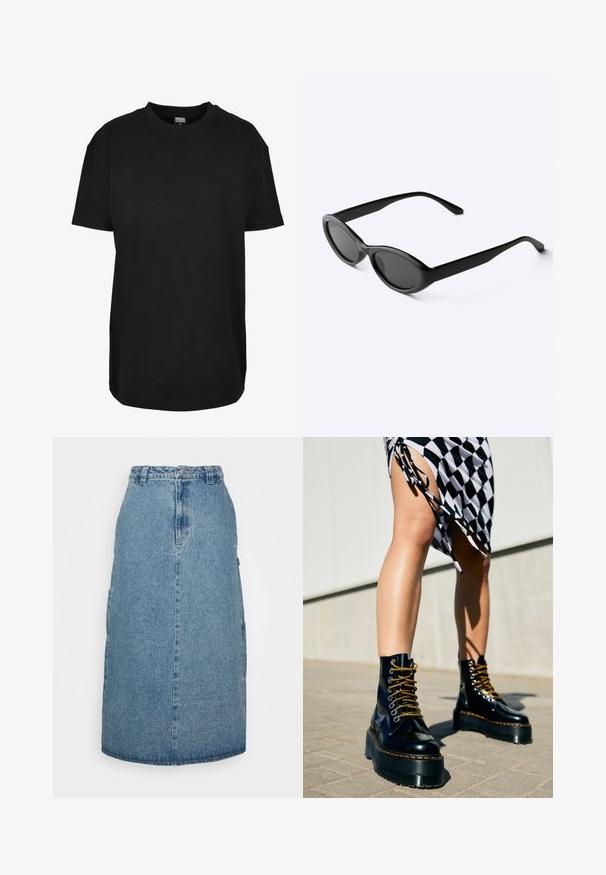Čierne tričko s krátkym rukávom a okrúhlym výstrihom vo veľkosti XS s nápisom "Urban Classics" na vnútornej strane goliera.; Obey Clothing JUNIPER MIDI SKIRT - sukňa v tvare A - stonewash indigo; Čierne kožené platformové čižmy s masívnymi podrážkami, zlatými šnúrkami a oranžovým prešívaním, skombinované s kockovanou sukňou s bočným rozparkom.; Elegantné čierne oválne slnečné okuliare s tmavými šošovkami a rovnými ramenami, odpočívajúce na bielom povrchu.