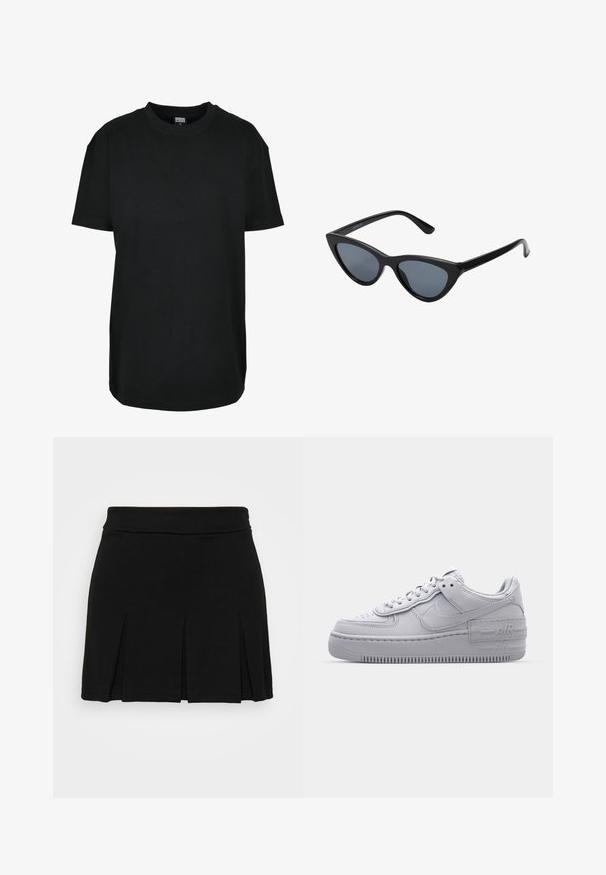 Schwarzes T-Shirt mit kurzen Ärmeln und Rundhalsausschnitt in Größe XS mit dem Etikett "Urban Classics" innen am Kragen.; Even&Odd by Zalando Minirock - black; Graue Nike Air Force 1 Sneaker mit perforierter Zehenpartie, Obermaterial aus glattem Leder, dicker Sohle und geprägtem 'AIR'-Detail an der Ferse.; Schwarze Cat-Eye-Sonnenbrille mit dunkelgrauen Gläsern, schlankem Kunststoffrahmen, spitzen Ecken und geraden Bügeln. Keine sichtbaren Befestigungen oder Akzente.