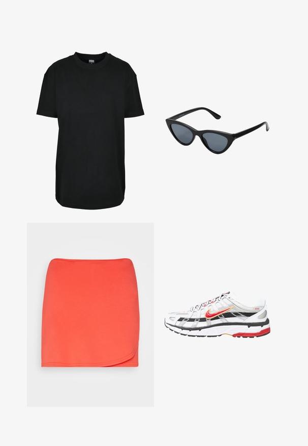 Must lühikeste varrukatega ümara kaelusega T-särk suuruses XS, mille krae sees on "Urban Classics" silt.; Even&Odd by Zalando A-lõikeline seelik - red; Valged ja mustad sportlikud jalanõud punaste ja kuldsete akcentidega. Omavad võrgusilma ülemist osa, pehmendatud tallat ja kindlat paelaga kinnitust.; Mustad musta kassi silmadega päikeseprillid tumedate hallide läätsedega, stiilne plastraam, teravad nurgad ja sirged kaared. Nähtavad metallist osad või aksessuaarid puuduvad.