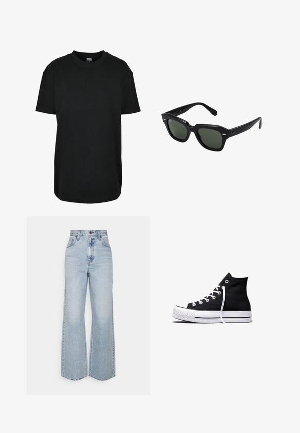 T-shirt noir à manches courtes avec col rond en taille XS, avec étiquette "Urban Classics" à l'intérieur du col.; Jean large en denim bleu clair avec taille haute, design classique à cinq poches et couture contrastante. Détail de ourlet brut en bas.; Baskets montantes en toile noire avec semelle en caoutchouc blanche et lacets blancs, vues de côté sur un fond blanc.; Lunettes de soleil carrées noires avec des verres vert foncé, présentant des montures audacieuses et des accents argentés sur les côtés. Fabriquées en Italie.