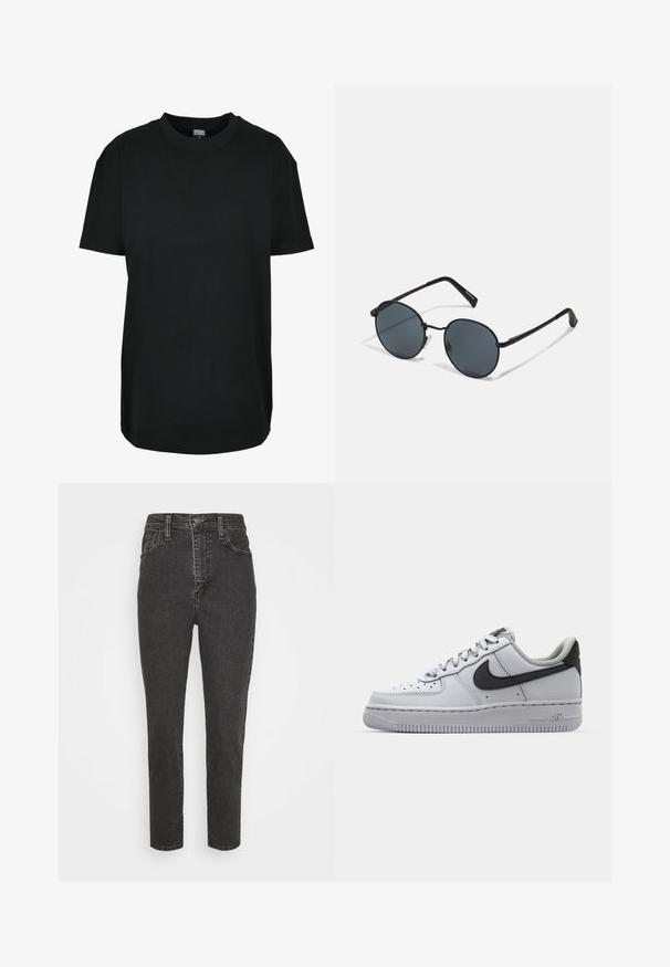 Schwarzes T-Shirt mit kurzen Ärmeln und Rundhalsausschnitt in Größe XS mit dem Etikett "Urban Classics" innen am Kragen.; Schwarze, hoch geschnittene Denim-Jeans mit Slim Fit, versehen mit einem Knopfverschluss, Gürtelschlaufen und klassischem Fünf-Taschen-Design.; Weißes Leder-Sneaker mit grauen Akzenten, runde Zehenpartie, strukturierte Oberfläche, gepolsterter Kragen und kontrastierendes schwarzes Swoosh-Logo. Luftgepolsterte Sohle.; Schwarze Metal-Sonnenbrille mit runden Gläsern, dunkler Tönung, schlanken Bügeln und verstellbaren Nasenpolstern, mit einem minimalistischen Design und ohne sichtbares Branding.