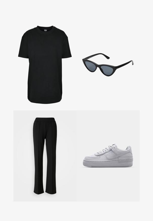 Schwarzes T-Shirt mit kurzen Ärmeln und Rundhalsausschnitt in Größe XS mit dem Etikett "Urban Classics" innen am Kragen.; Schwarze, elastische Hose mit geradem Bein und vertikalen Nähten an der Vorderseite für zusätzliche Details. Glatte Stofftextur.; Graue Nike Air Force 1 Sneaker mit perforierter Zehenpartie, Obermaterial aus glattem Leder, dicker Sohle und geprägtem 'AIR'-Detail an der Ferse.; Schwarze Cat-Eye-Sonnenbrille mit dunkelgrauen Gläsern, schlankem Kunststoffrahmen, spitzen Ecken und geraden Bügeln. Keine sichtbaren Befestigungen oder Akzente.