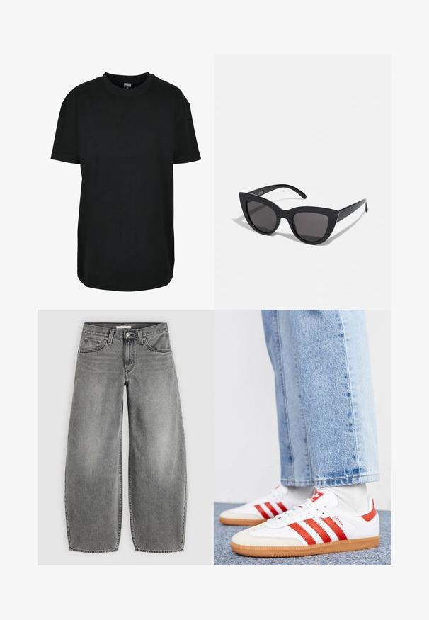 Schwarzes T-Shirt mit kurzen Ärmeln und Rundhalsausschnitt in Größe XS mit dem Etikett "Urban Classics" innen am Kragen.; Weit geschnittene graue Jeans aus Denim mit Vorderknopf und Reißverschluss, Gürtelschlaufen und Fünf-Taschen-Design auf einfachem Hintergrund.; Weiße Leder Sneaker mit roten Streifen und Akzenten. Verfügt über eine strukturierte Gummi-Laufsohle und einen gepolsterten Schaft. Tragen mit hellblauer Jeans.; Schwarze Cat-Eye-Sonnenbrille mit matter Oberfläche, grauen getönten Gläsern, scharfen Kanten und schlanken Bügeln. Der Markenname ist auf dem inneren Bügel sichtbar.