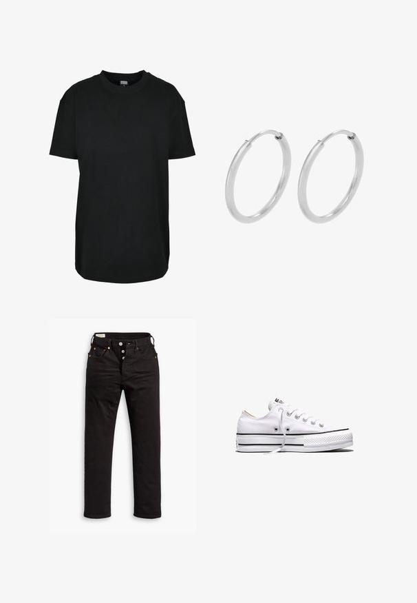 Schwarzes T-Shirt mit kurzen Ärmeln und Rundhalsausschnitt in Größe XS mit dem Etikett "Urban Classics" innen am Kragen.; Schwarze Straight-Leg-Jeans mit Knopfverschluss, Vorder- und Gesäßtaschen sowie Kupfennieten auf einem weißen Hintergrund.; Weißer Canvas-Sneaker in niedriger Ausführung mit weißen Schnürsenkeln, schwarzen Streifen an der Sohle und gummiertem, strukturiertem Zehenschutz, Seitenansicht vor weißem Hintergrund.; Silberne Creolen, kreisförmig, mit glatter, glänzender Oberfläche und gleichbleibender Breite. Minimalistisches Design ohne zusätzliche Akzente.