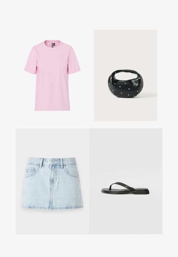 Camiseta rosa claro de manga corta con cuello redondo, dobladillo recto y etiqueta visible de la marca en el interior del cuello.; Falda mini de mezclilla azul claro con botones frontales, lazos para cinturón y bolsillos delanteros, presentada sobre un fondo blanco.; Chancla negra de piel suave, con un diseño de tira delgada y una suela plana de perfil mínimo. Sin patrones ni acentos notables.; Bolso de mano de cuero negro con forma redondeada, decorado con detalles de tachuelas plateadas y un asa corta. Textura lisa y cierre con cremallera.