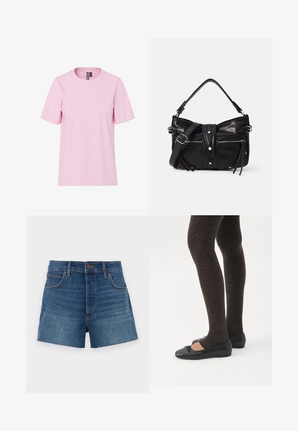 Lyserød T-shirt med korte ærmer, rund halsudskæring, lige kant og synlig mærkeindlæg i kraven.; Denim shorts i mellemblå, med høj talje, fire lommer og syet detaljer. Glat tekstur med en klassisk pasform.; Ben iført mørke ribbede leggings kombineret med sorte balletsko med små sløjfedetaljer på hvid baggrund.; Even&Odd H24462 - Håndtasker - black
