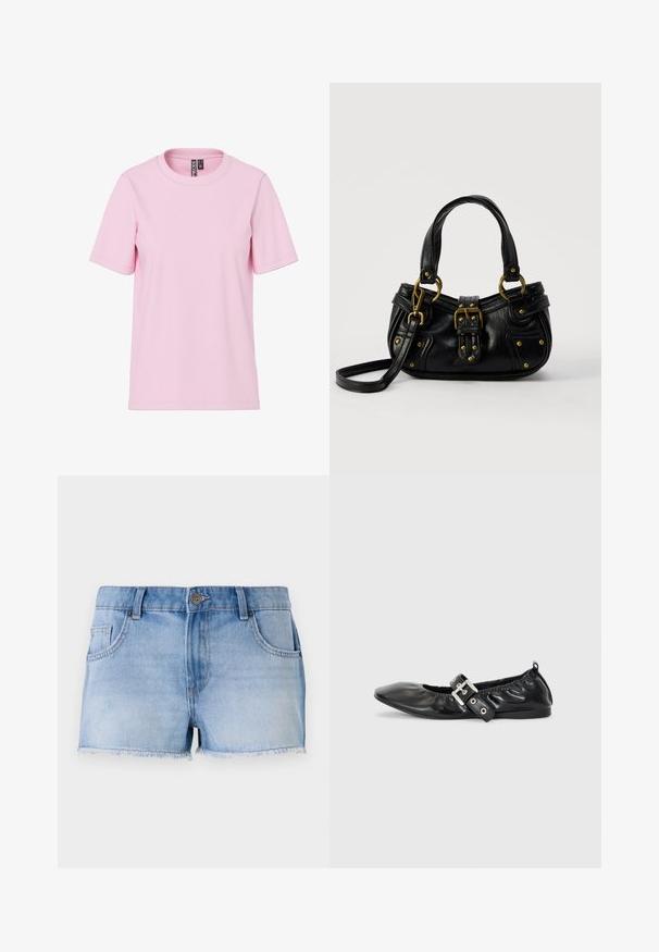 Camiseta rosa claro de manga corta con cuello redondo, dobladillo recto y etiqueta visible de la marca en el interior del cuello.; Shorts de mezclilla de color azul claro con dobladillo deshilachado, cinco bolsillos y cierre botón en la parte delantera. Presentan un lavado desvanecido y corte recto.; Zapato plano de piel negra con puntera afilada, detalle fruncido alrededor de la abertura y un acento de hebilla plateada en la correa ajustable.; Bolso de cuero negro con hebilla y detalles de remaches dorados, asas cortas y una correa de hombro ajustable sobre un fondo blanco liso.