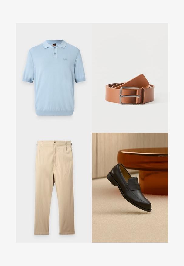 Polo bleu clair à manches courtes avec deux boutons et un petit logo "BOSS" sur la poitrine gauche.; Pantalon beige à jambes droites avec fermeture par bouton et zip, passants pour ceinture et poches latérales, posé à plat sur un fond clair.; Mocassin en cuir noir à talon bas flottant au-dessus d'un sol moquetté beige près d'une table ronde marron.; Ceinture en cuir marron clair enroulée avec une boucle métallique rectangulaire argentée brillante sur fond blanc.