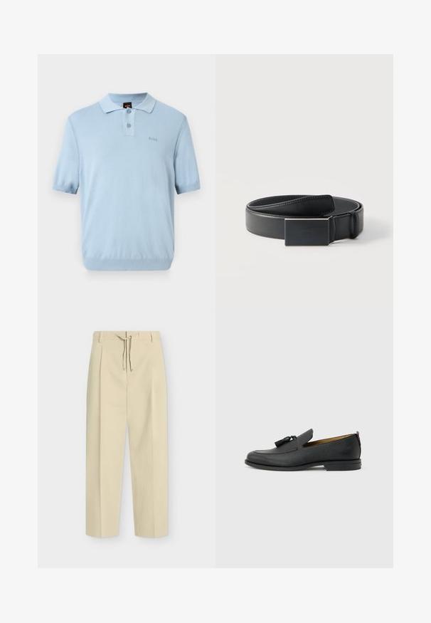 Polo bleu clair à manches courtes avec deux boutons et un petit logo "BOSS" sur la poitrine gauche.; Pantalon beige droit avec passants pour ceinture et nouage à l'avant, présentant un design épuré et ajusté ainsi qu'un tissu texturé.; Mocassin pour homme en cuir noir avec pompons, bout arrondi, petit talon et languette à l'arrière, présenté de profil sur un fond gris clair.; Ceinture en cuir noir enroulée avec une boucle noire mate rectangulaire et un logo embossé discret sur fond blanc.