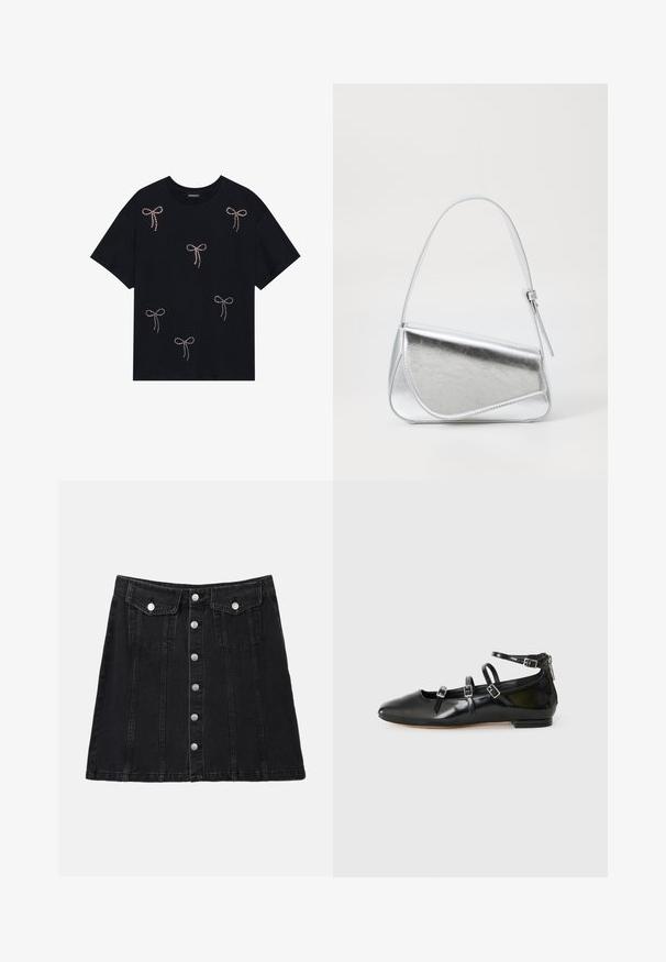 Schwarzes Baumwoll-T-Shirt mit mehreren mit Strass verzierten Schleifenmotiven auf der Vorderseite. Rundhalsausschnitt und kurze Ärmel.; Schwarzer Denim-A-Linie-Rock mit Knopfverschluss vorne, zwei Brusttaschen und vertikalen Nahtdetails. Glatte Textur mit strukturierter Passform.; ALDO NELTA - Klassischer Ballerina - black; Silberfarbene metallische Handtasche mit dreieckiger Form, glatter Textur und einem dünnen, verstellbaren Schultergurt. Sie verfügt über ein umklappbares Design mit Nähten.