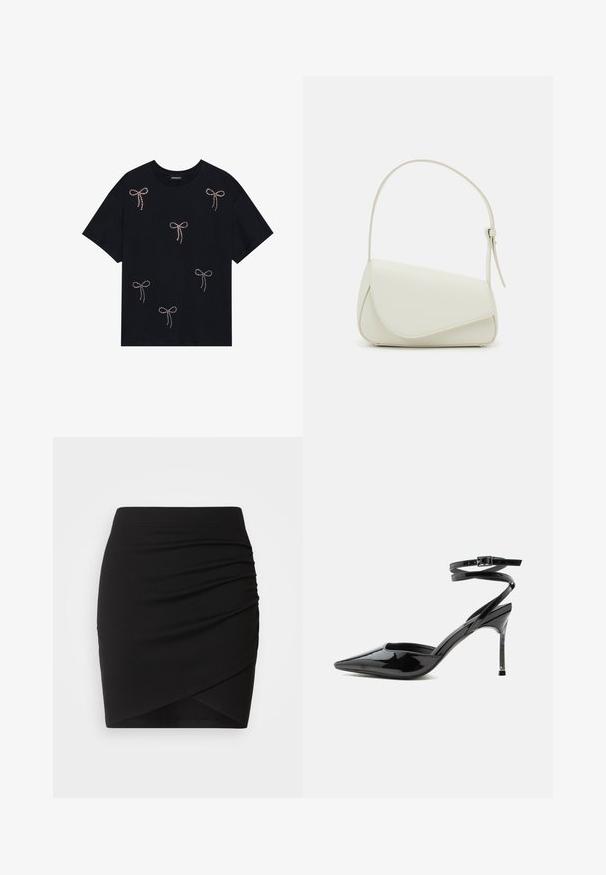 Schwarzes Baumwoll-T-Shirt mit mehreren mit Strass verzierten Schleifenmotiven auf der Vorderseite. Rundhalsausschnitt und kurze Ärmel.; Schwarzer Minirock aus dehnbarem Material, mit einem gerafften Design und einem Wickelschnitt, glatter Textur und taillierter Passform.; Schwarzer Lackleder-Pumps mit spitzer Spitze, dünnen Knöchelriemen und kleiner Schnalle.; Weiße Kunstleder-Handtasche mit einer strukturierten dreieckigen Form, einem verstellbaren Einzelgurt und einem Klappenverschluss mit geschwungenen Akzenten.