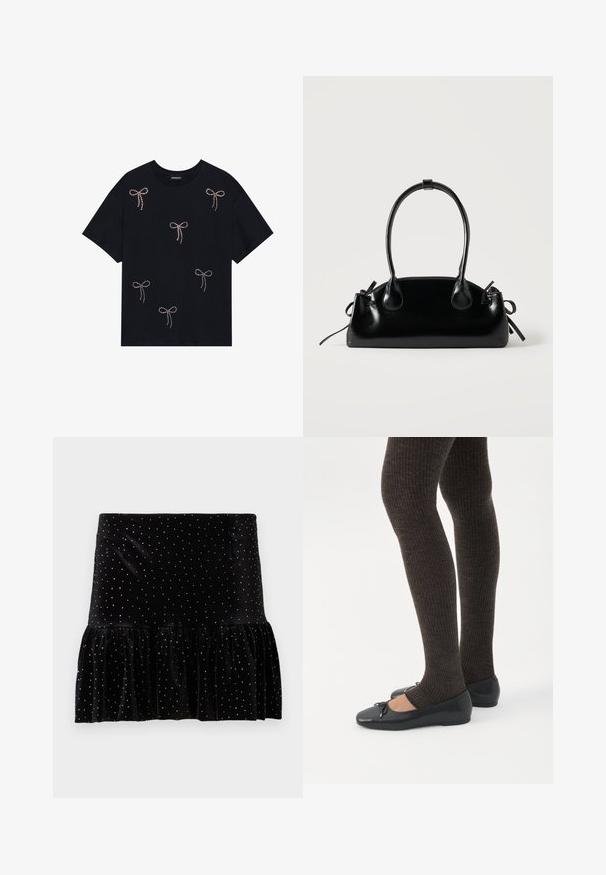 Schwarzes Baumwoll-T-Shirt mit mehreren mit Strass verzierten Schleifenmotiven auf der Vorderseite. Rundhalsausschnitt und kurze Ärmel.; Schwarzer Samtrock mit einem gerafften Saum, verziert mit silbernen Punkten. Verfügt über eine taillierte Taille und eine weiche Textur.; Beine in dunklen, gerippten Leggings kombiniert mit schwarzen Ballerinas mit kleinen Schleifendetails auf weißem Hintergrund.; Kleine schwarze glänzende Handtasche mit zwei langen Griffen und seitlichen Kordelzug-Details vor einfachem hellem Hintergrund.