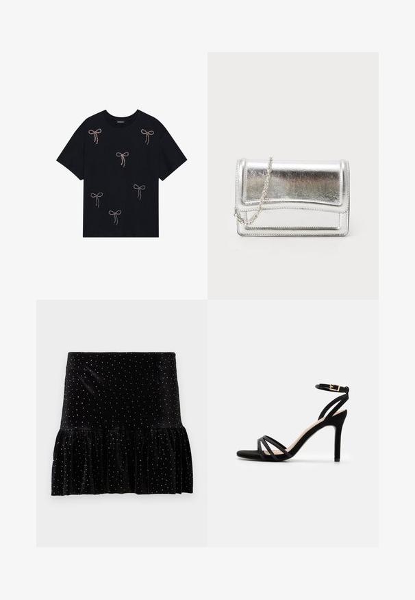 Schwarzes Baumwoll-T-Shirt mit mehreren mit Strass verzierten Schleifenmotiven auf der Vorderseite. Rundhalsausschnitt und kurze Ärmel.; Schwarzer Samtrock mit einem gerafften Saum, verziert mit silbernen Punkten. Verfügt über eine taillierte Taille und eine weiche Textur.; Anna Field by Zalando Riemensandalette - black; Silberne metallische Clutch-Tasche mit glatter Textur, Klappenverschluss und Kettenriemen. Verfügt über ein strukturiertes rechteckiges Design und gestickte Akzente.