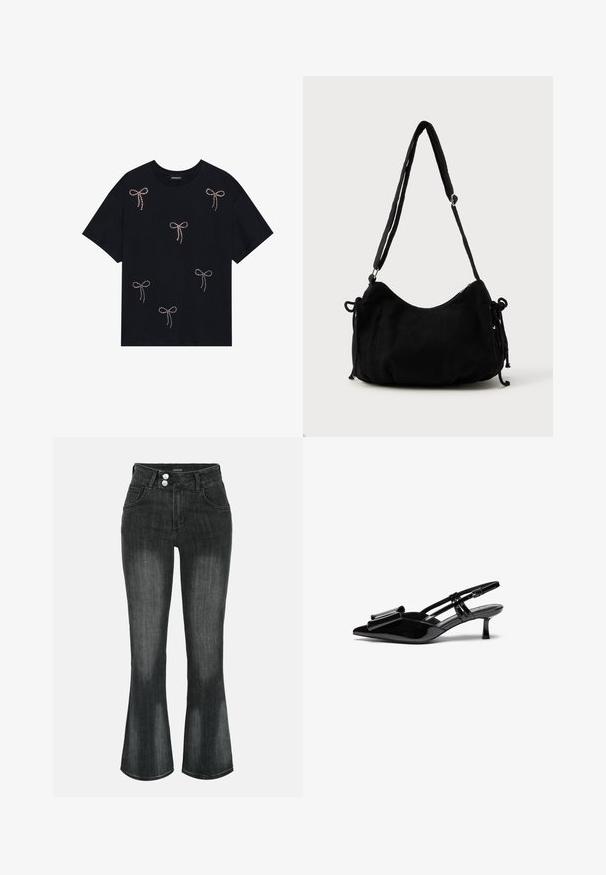 Schwarzes Baumwoll-T-Shirt mit mehreren mit Strass verzierten Schleifenmotiven auf der Vorderseite. Rundhalsausschnitt und kurze Ärmel.; Schwarze gewaschene Denim-Jeans mit hoher Taille, Doppelknopfverschluss, Vordertaschen und leicht ausgestellten Beinen.; Schwarze Lackleder-Slingbacks mit spitzer Zehenpartie, einer Schleifendetail an der Vorderseite und einem kleinen Stiletto-Absatz. Die Riemen haben verstellbare Schnallen.; Schwarze Cordtasche mit geschwungener Form, verstellbarem Schultergurt und Kordelzugverschlüssen an beiden Seiten zur Größenanpassung.