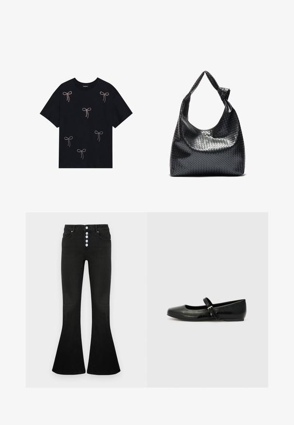 Sort bomulds t-shirt med flere rhinsten-belagte sløjfe-dekorationer på forsiden. Runde halsudskæring og korte ærmer.; Sorte jeans med flare og høj talje, fem-knaps lukning, blød denimbeklædning og diskrete syningsdetaljer på lommer og syninger.; Sorte læder balletflade med rund tå, flad sål og en tynd justerbar rem over svangen med en metalspænde.; Sort vævet lædertaske med en afslappet design, der har et knyttet rem og en lille dekorativ guldstud foran.