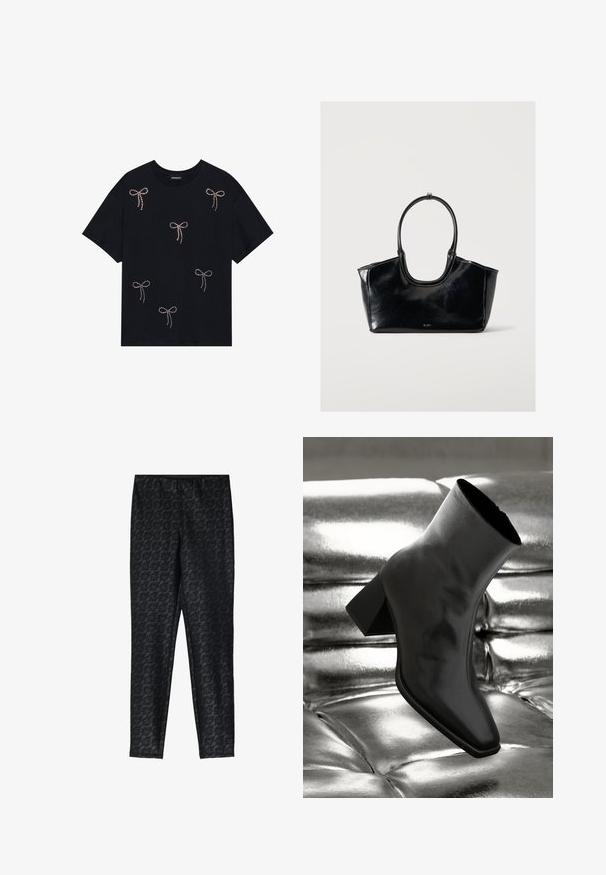 T-shirt en coton noir avec plusieurs motifs de nœuds embellis de strass sur le devant. Col rond et manches courtes.; Leggings noirs avec un motif en dentelle florale, fabriqués dans un matériau extensible, avec une taille élastique pour le confort et l'ajustement.; Botte noire à la cheville en matériau brillant avec un bout carré et un talon effilé, sur un fond argenté brillant et capitonné.; Sac à main en cuir noir brillant avec une grande poignée ovale et un logo subtil à l'avant sur un fond clair uni.