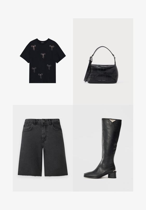 Schwarzes Baumwoll-T-Shirt mit mehreren mit Strass verzierten Schleifenmotiven auf der Vorderseite. Rundhalsausschnitt und kurze Ärmel.; Schwarze Jeans-Shorts mit ausgefranstem Saum, klassischem Fünf-Taschen-Design, Knopfverschluss und strukturierter Passform.; Schwarze kniehoge Stiefel aus glattem Leder, mit einer quadratischen Zehenform und einem mittelhohen Blockabsatz, der mit einem metallischen Akzent verziert ist.; Schwarze Schultertasche aus krokodilprägtem Leder mit Tragegriff oben und Logodruck auf der Vorderseite.