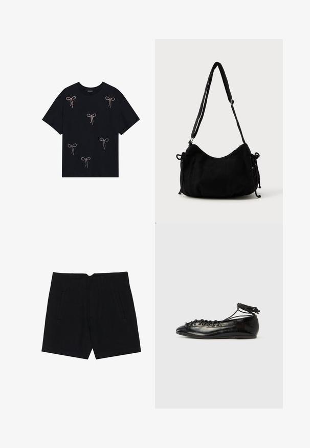 Schwarzes Baumwoll-T-Shirt mit mehreren mit Strass verzierten Schleifenmotiven auf der Vorderseite. Rundhalsausschnitt und kurze Ärmel.; Schwarze Shorts aus einem glatten Stoff, mit Seitentaschen, taillierter Passform und strukturierten Falten an der Vorderseite für eine saubere Silhouette.; Schwarze Ballerinas aus Lackleder mit runder Spitze, Schnürdesign und flacher Sohle. Glatte Textur mit minimaler Verzierung.; Schwarze Cordtasche mit geschwungener Form, verstellbarem Schultergurt und Kordelzugverschlüssen an beiden Seiten zur Größenanpassung.