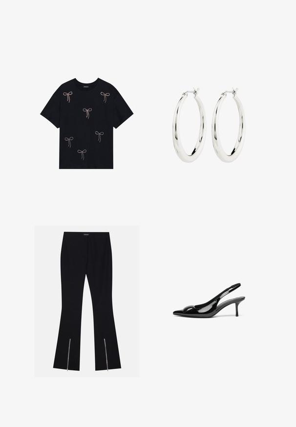 Zwarte katoenen t-shirt met verschillende strikontwerpen, versierd met rhinestones, over de voorkant. Ronde hals en korte mouwen.; Zwarte flared broek van stretchy materiaal, met twee ritsaccenten aan de onderkant van de benen. Eenvoudig ontwerp met een klassieke pasvorm.; Zwarte gepatineerde leren slingback hakken met een puntige neus en een glanzende afwerking. Heeft een slanke hak en een ronde accent op de bovenkant.; Zilveren oorbellen in de vorm van een gladde, glanzende ring. Circulaire vorm, voorzien van een veilige sluiting. Eenvoudig en elegant ontwerp.