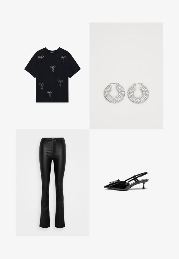 Schwarzes Baumwoll-T-Shirt mit mehreren mit Strass verzierten Schleifenmotiven auf der Vorderseite. Rundhalsausschnitt und kurze Ärmel.; Schwarze, glatte, fließende Hosen aus Kunstleder mit Fronttaschen und einem Reißverschluss. Die Hose hat eine taillierte Passform und einen leicht glänzenden Oberflächenfinish.; Schwarze Lackleder-Slingbacks mit spitzer Zehenpartie, einer Schleifendetail an der Vorderseite und einem kleinen Stiletto-Absatz. Die Riemen haben verstellbare Schnallen.; Silberne Creolen, verziert mit mehreren klaren Kristallverzierungselementen, mit einer strukturierten Oberfläche und einem offenen, kreisförmigen Design.