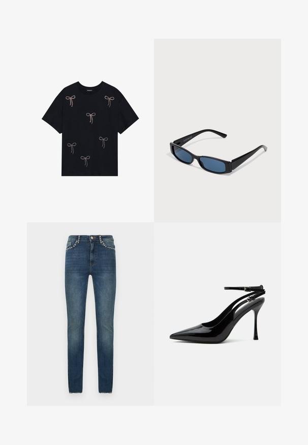 Schwarzes Baumwoll-T-Shirt mit mehreren mit Strass verzierten Schleifenmotiven auf der Vorderseite. Rundhalsausschnitt und kurze Ärmel.; Blaue Skinny-Jeans mit Nietenverzierung an den vorderen Taschen und Gürtelschlaufen sowie rohem Saum an den Knöcheln.; Schwarzer Lackleder-Pumps mit hohem Absatz, spitzer Kappe und doppelten Knöchelriemen mit silbernen Schnallen.; Schwarze Sonnenbrille mit einem eleganten rechteckigen Rahmen und blauen Gläsern. Besitzt eine glatte Oberfläche und robuste Scharniere. Markenlogo an der Seite.