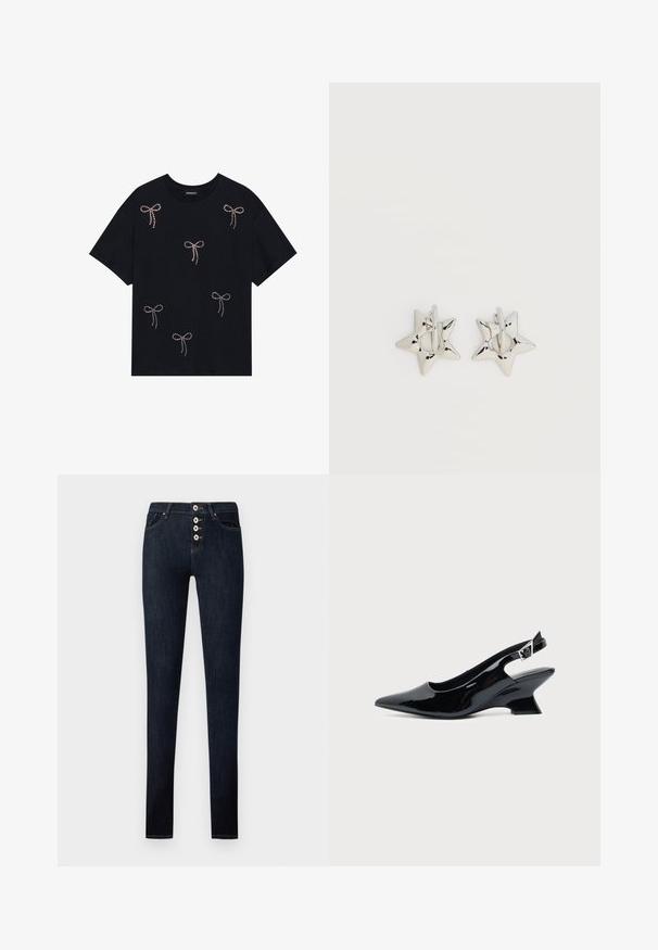Schwarzes Baumwoll-T-Shirt mit mehreren mit Strass verzierten Schleifenmotiven auf der Vorderseite. Rundhalsausschnitt und kurze Ärmel.; Dunkelblaue Slim-Fit-Jeans mit fünfknöpfigem Verschluss, Vorder- und Gesäßtaschen, flach auf weißem Hintergrund gezeigt.; Schwarzer Slingback-Schuh aus Lackleder mit spitzer Spitze und niedrigem, schrägem Blockabsatz auf einfachem hellem Hintergrund.; Silberne, sternförmige Creolen mit einer glatten, polierten Oberfläche auf weißem, schlichtem Hintergrund.