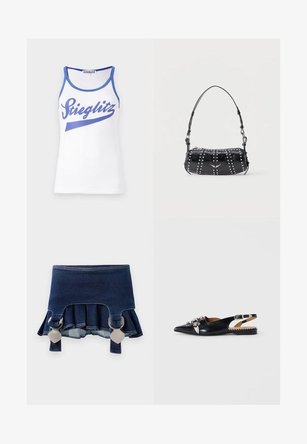 Hvid tanktop med blå kant og en stor blå "Stieglitz" grafik på forsiden. Fremstillet af glat, letvægtsstof.; Denimnederdel med en udvidet bund. Har to justerbare grå spænder, mørkeblå farve og kontrasterende syninger langs kanten.; Sort lædersandal med spids tå, prydet med sølvhardware og bladdetaljer. Flad sål med stribede indvendige accenter.; Sort skuldertaske i laklæder med sølvnitter i lodrette rækker og et lille sølvfugleemblem midt på fronten.