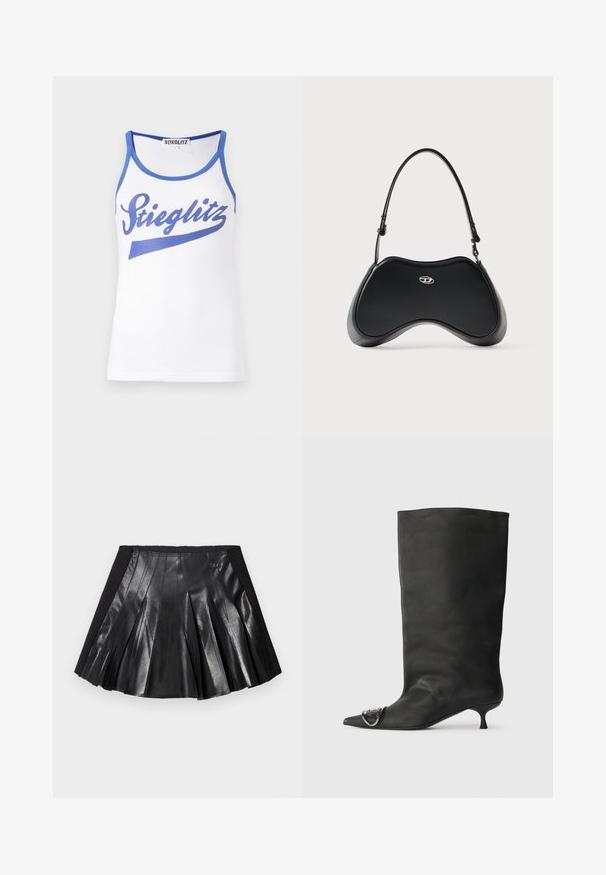 Hvid tanktop med blå kant og en stor blå "Stieglitz" grafik på forsiden. Fremstillet af glat, letvægtsstof.; Sort plisseret nederdel med en skinnende læderfront og en solid sort talje med en lille metaldekoration. Teksturerede læderpaneler forbedrer designet.; Sort læder ankelstøvle med spidse tå, lille hæl og metallisk detalje på tæerne. Glat, mat overflade hele vejen igennem.; Sort håndtaske i kunstlæder med en unik buet form, kort håndtag og et sølvfarvet logodetalje foran. Glat tekstur, minimalistisk design.