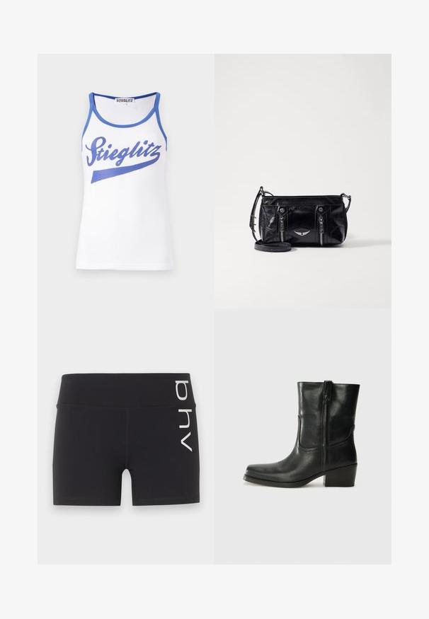 Hvid tanktop med blå kant og en stor blå "Stieglitz" grafik på forsiden. Fremstillet af glat, letvægtsstof.; Sorte tætsiddende sportsshorts med høj talje og hvidt lodret "bhv"-logo på højre side.; Sort læder ankelstøvle med rundt tå, blokhæl, lynlås i siden og stikninger på vampsiden. Glat tekstur, klassisk design.; Sort faux læder crossbody taske med lynlåslommer, et dekorativt sølv emblem og en justerbar rem. Glossy tekstur og kompakt form.