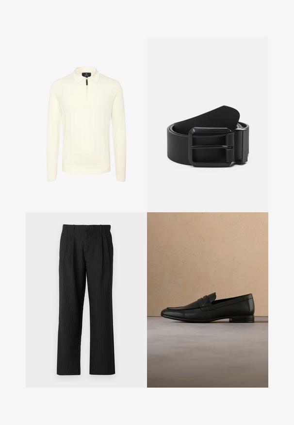 Krémový sveter s dlhým rukávom a texturovaným pleteným dizajnom, s golierom na zips a rebrovanými manžetami a lemom pre priliehavý vzhľad.; Jack & Jones JPSTBILL JJDAYTONA WIDE CHINO - Nohavice chinos - black; Čierna kožená mokasína vznášajúca sa nad béžovým kobercem s béžovou pohovkou v minimalistickom vnútornom prostredí.; Čierny kožený opasok s matnou čiernou kovovou prackou, ktorá má plochý, hladký povrch a zužujúci sa koniec. Jednoduchý dizajn bez ozdôb.