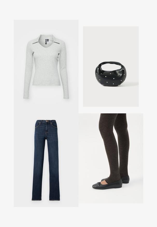 Haut gris clair à manches longues, en V avec col, fabriqué dans un tissu doux et texturé, présentant une coupe ajustée et un minimum de détails.; Jean en denim bleu foncé à coupe droite avec bouton et fermeture éclair à l'avant, poches avant et coutures visibles sur un fond uni.; Jambes portant des leggings côtelés foncés associés à des ballerines noires avec de petits détails en nœud sur fond blanc.; Sac à main en cuir noir de forme arrondie, décoré de clous argentés et équipé d'une poignée courte. Texture lisse et fermeture éclair.