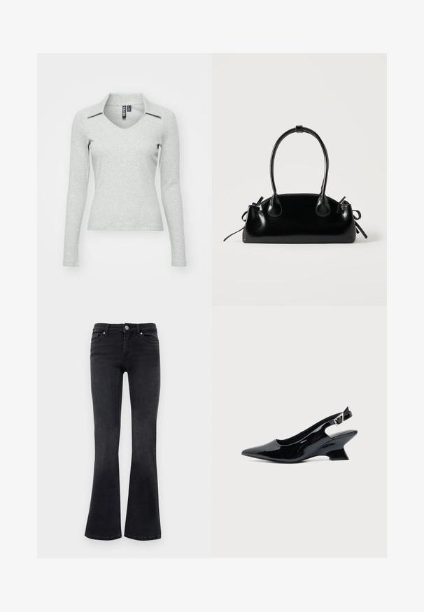 Haut gris clair à manches longues, en V avec col, fabriqué dans un tissu doux et texturé, présentant une coupe ajustée et un minimum de détails.; Jean bootcut en denim noir avec bouton avant, fermeture éclair, passants de ceinture et design à cinq poches.; Chaussure slingback en cuir verni noir avec bout pointu et petit talon bloc incliné sur fond clair uni.; Petit sac à main noir brillant avec deux longues anses et des détails à cordon sur les côtés sur un fond clair uni.