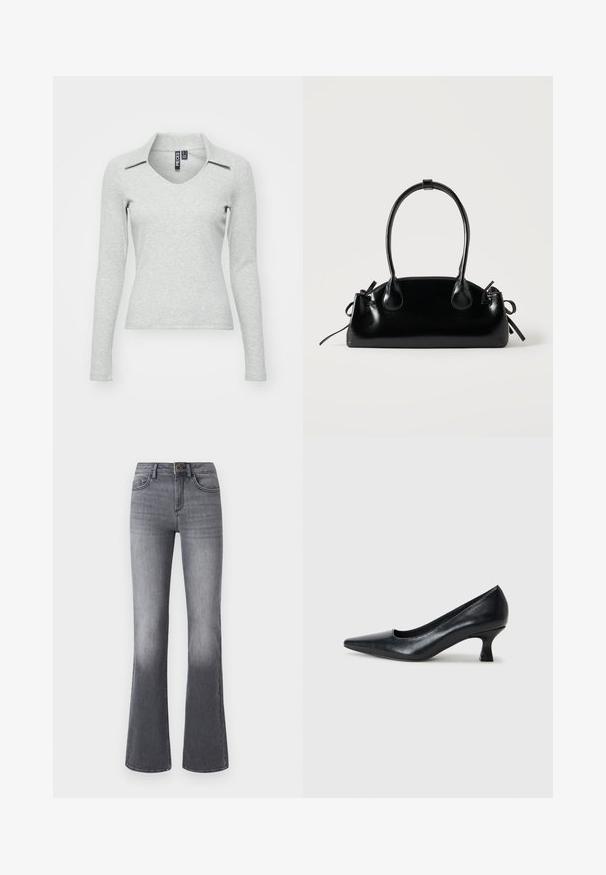 Haut gris clair à manches longues, en V avec col, fabriqué dans un tissu doux et texturé, présentant une coupe ajustée et un minimum de détails.; Jean flare taille haute en denim gris foncé, avec poches frontales, fermeture à bouton et légère décoloration vers l'ourlet.; Pompe en cuir noir avec un bout pointu et un petit talon carré. Texture lisse, lignes épurées, design simple sans motifs ni ornements visibles.; Petit sac à main noir brillant avec deux longues anses et des détails à cordon sur les côtés sur un fond clair uni.