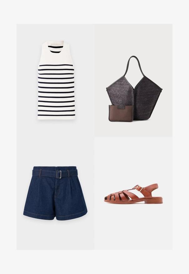 Vanessa Bruno EDEA - Débardeur - ecru/marine; Shorts en denim bleu foncé avec un large design plissé, une ceinture avec une boucle en métal et des détails de couture orange visibles.; Sandale pour hommes en cuir marron avec brides tressées, boucle ton or, petit talon en bois et design à bouts et talons ouverts sur fond blanc.; Hereu CALELLA - Cabas - dark brown