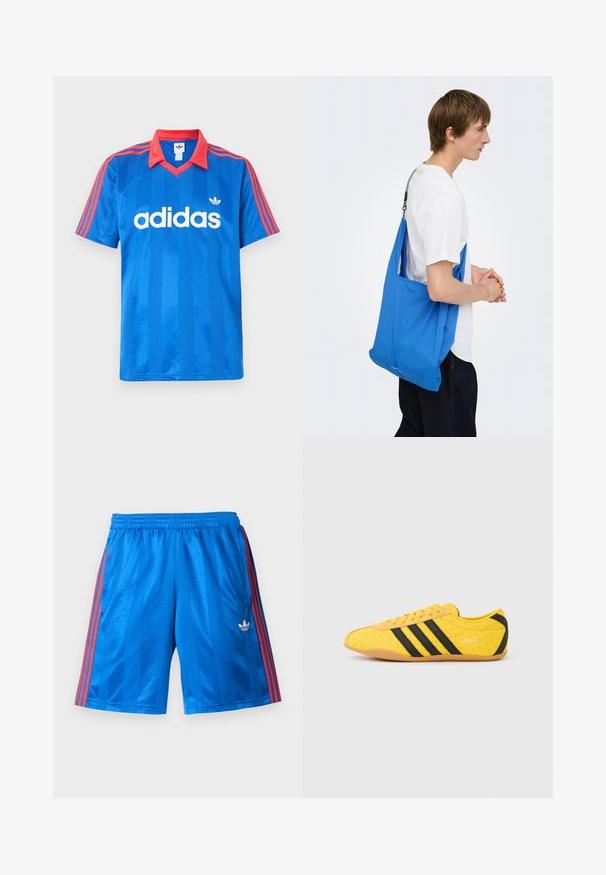 Μπλε αθλητική μπλούζα Adidas με κοντά μανίκια, κόκκινο γιακά και ρίγες στους ώμους, με λευκό λογότυπο Adidas και έμβλημα τριφυλλιού στο στήθος.; Μπλε αθλητικό σορτς με κόκκινες ρίγες στα πλάγια και λευκό λογότυπο Adidas στο αριστερό πόδι, με ελαστική μέση.; Κίτρινο αθλητικό παπούτσι με υφή στο επάνω μέρος, με μαύρες ρίγες και λογότυπο. Στρογγυλεμένη μύτη, μαλακή σόλα και ζιγκ-ζαγκ σχέδιο στο υλικό.; Νέος άνδρας με λευκό πουκάμισο που κρατά μια μεγάλη μπλε τσάντα ώμου με μαύρο και άσπρο λουράκι, ακουμπώντας σε προφίλ σε απλό φόντο.