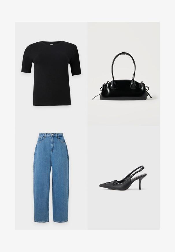 Camiseta de manga corta negra en algodón suave, con un cuello redondo y un diseño simple sin patrones ni acentos visibles.; Pantalones de mezclilla de color azul claro con un ajuste de pierna recta, cintura alta y cierre frontal con botón. Cuenta con cinco bolsillos y detalles de costura mínimos.; Sandal de tacón stiletto negro de cuero con punta afilada, correa lateral con hebilla, tachuelas a lo largo del borde y cordones decorativos en la parte delantera.; Pequeño bolso negro brillante con dos asas largas y detalles de cordón lateral sobre un fondo claro liso.
