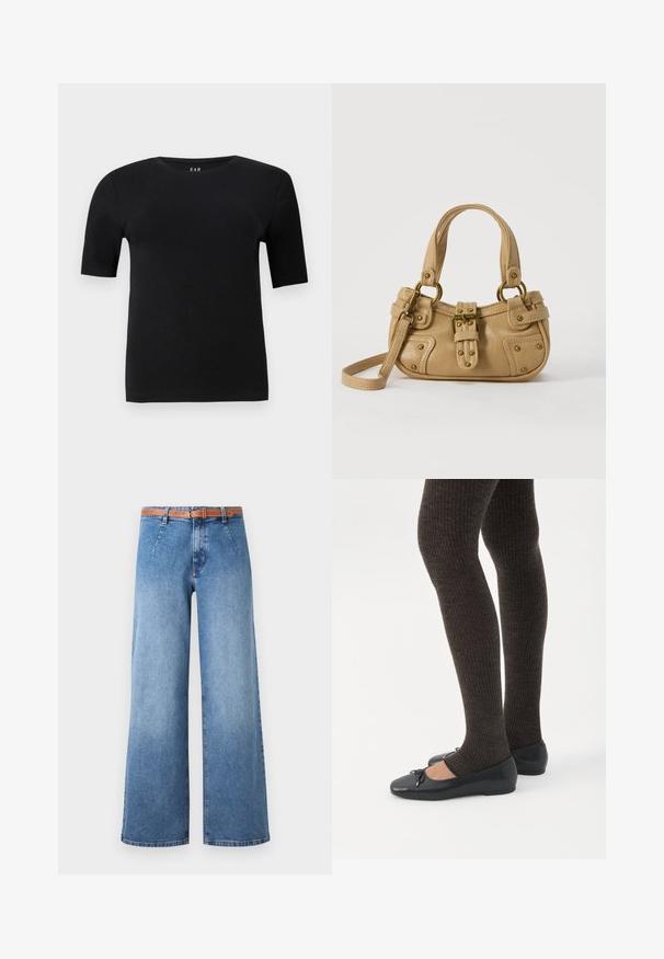 Zwart T-shirt met korte mouwen van zachte katoen, met een ronde halslijn en een eenvoudig ontwerp zonder zichtbare patronen of accenten.; Wijdvallende blauwe denim jeans met een lichte wassing, voorzien van een bruine riem, voorzakken en een klassiek vijfzakken ontwerp.; Benen met donkere geribbelde leggings gecombineerd met zwarte ballerina's met kleine strikdetails op een witte achtergrond.; Beige leren handtas met dubbele handvatten, messing gesps en klinknagel details, en een verstelbare schouderriem tegen een witte achtergrond.