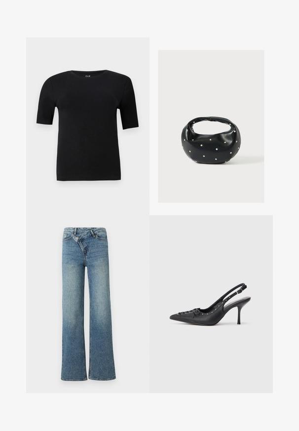 Camiseta de manga corta negra en algodón suave, con un cuello redondo y un diseño simple sin patrones ni acentos visibles.; Vaqueros de mezclilla azul claro de pierna ancha con cintura alta, decoloración ligera y cierre de botón en la parte delantera. Cuenta con cinco bolsillos y costuras mínimas.; Sandal de tacón stiletto negro de cuero con punta afilada, correa lateral con hebilla, tachuelas a lo largo del borde y cordones decorativos en la parte delantera.; Bolso de mano de cuero negro con forma redondeada, decorado con detalles de tachuelas plateadas y un asa corta. Textura lisa y cierre con cremallera.