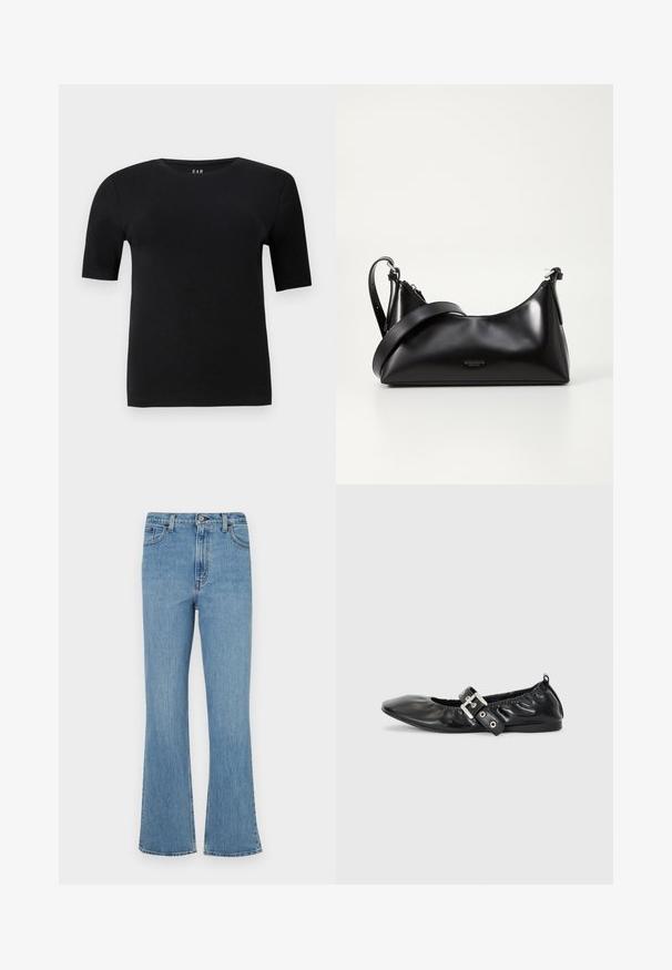 Camiseta de manga corta negra en algodón suave, con un cuello redondo y un diseño simple sin patrones ni acentos visibles.; Vaqueros acampanados de mezclilla azul claro con cintura alta, que cuentan con cinco bolsillos, trabillas para cinturón y un acabado desteñido.; Zapato plano de piel negra con puntera afilada, detalle fruncido alrededor de la abertura y un acento de hebilla plateada en la correa ajustable.; Bolso de mano de cuero negro con una textura suave. Cuenta con una correa ajustable y un diseño elegante y minimalista con cierre de cremallera.