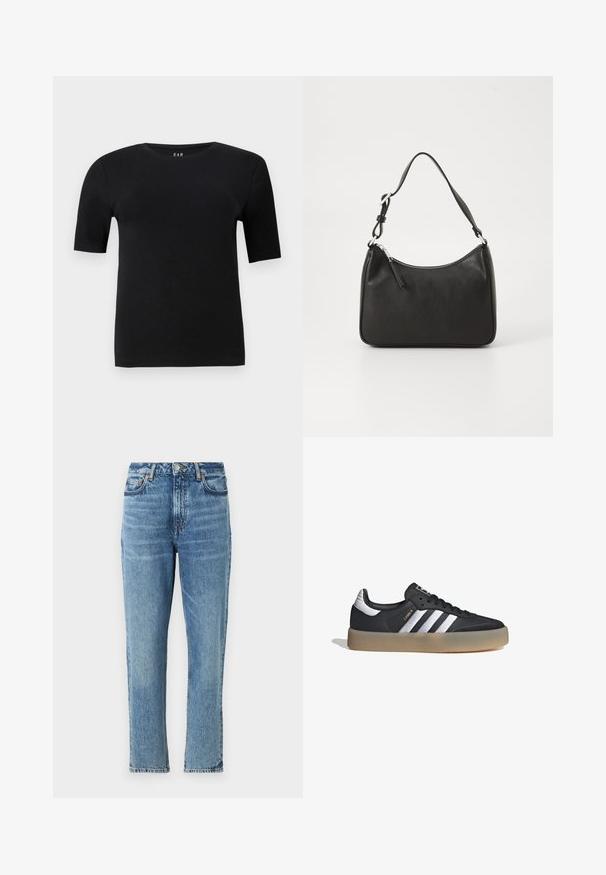 Camiseta de manga corta negra en algodón suave, con un cuello redondo y un diseño simple sin patrones ni acentos visibles.; Jeans de mezclilla azul claro con cintura alta, diseño de pierna recta y textura desgastada. Presentan herrajes plateados y costuras en contraste.; Zapatilla deportiva de cuero negro con tres rayas plateadas, punta texturizada y suela de goma. Cuenta con un collar acolchado y un diseño con cordones.; Bolso de mano de cuero negro con forma curvada, una sola correa, cierre de cremallera y marcas sutiles en la parte frontal. Textura suave, diseño minimalista.