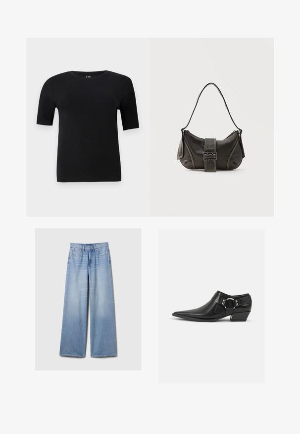 Zwart T-shirt met korte mouwen van zachte katoen, met een ronde halslijn en een eenvoudig ontwerp zonder zichtbare patronen of accenten.; Lichtblauwe denim jeans met wijde benen, met voorzakken, riemlussen en een knoop- en ritsluiting.; Zwarte leren enkellaarzen met een spitse neus, voorzien van een leren band aan de voorkant en een zilveren gesp detail, en een lage, blokhak.; Zwarte leren schoudertas met gespsluiting aan de riem, afgeronde hoeken en contrasterende witte stiksels op een effen achtergrond.
