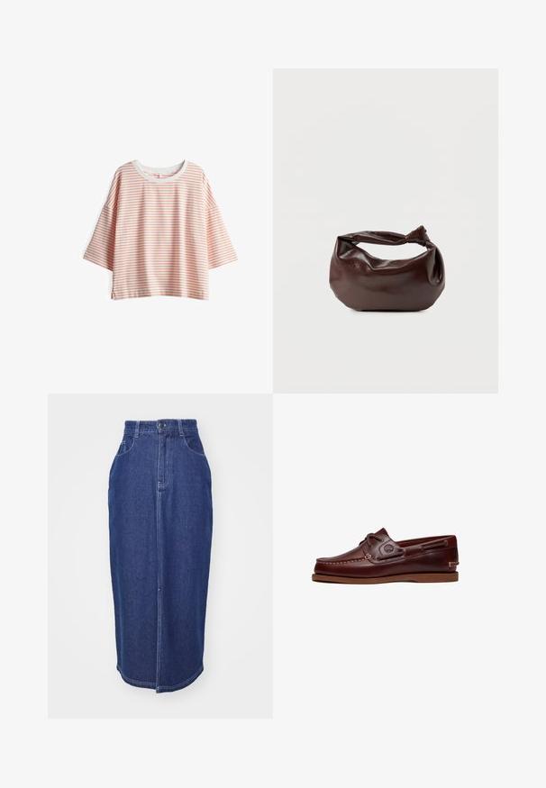 Gestreepte top met korte mouwen, gemaakt van lichtgewicht stof. Heeft crèmekleurige en lichtoranje strepen, een ronde halslijn en zijsplitten.; Denim rok in donkerblauw met een hoge taille, rechte snit, voorzakken en een centrale naad. Afgewerkte zoom met minimale details.; Bruine leren boot schoen met veters, stiksel details en Timberland-logo aan de zijkant, weergegeven op een witte achtergrond.; Donkerbruine leren schoudertas met een zachte, slungelige vorm en een gedraaide knoopvormige handgreep op een effen witte achtergrond.