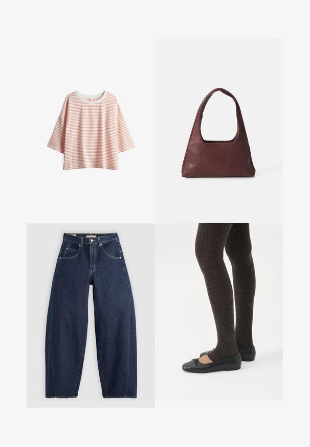 Gestreepte top met korte mouwen, gemaakt van lichtgewicht stof. Heeft crèmekleurige en lichtoranje strepen, een ronde halslijn en zijsplitten.; Donkerblauwe denim jeans met een losse fit, lichte stiksels, vijf zakken en een knoopsluiting op de taille.; Benen met donkere geribbelde leggings gecombineerd met zwarte ballerina's met kleine strikdetails op een witte achtergrond.; Bordeaux leren handtas met een driehoekige vorm, open bovenkant en vlechtwerk langs de handgreep. Soepele textuur met een matte afwerking.